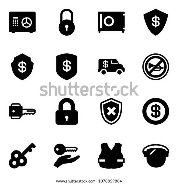 Solid vector icon set - safe vector, lock,\
encashment car, no horn road sign, key, locked, shield cross,\
dollar, hand, life vest, protect\
glass