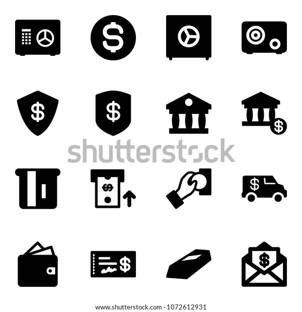 Solid\
vector icon set - safe vector, dollar coin, bank, account, atm,\
cash pay, encashment car, wallet, check, gold,\
mail