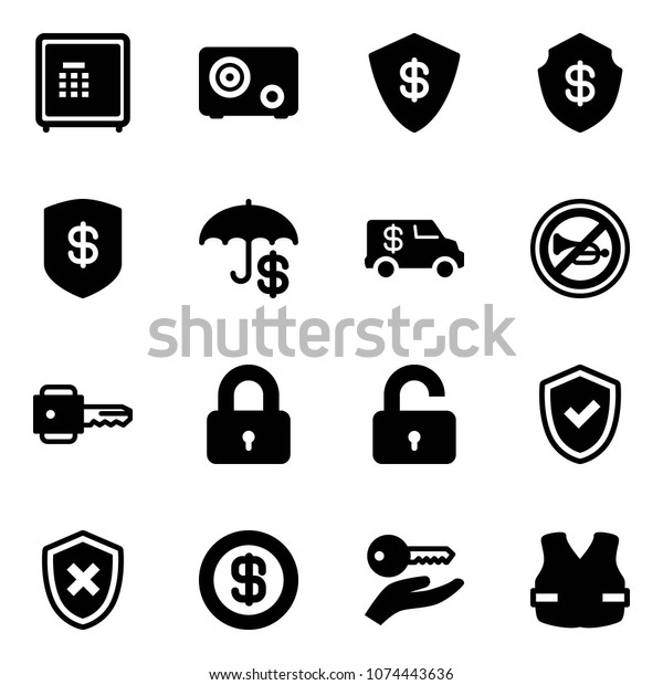 Solid vector icon set - safe vector,\
insurance, encashment car, no horn road sign, key, locked,\
unlocked, shield check, cross, dollar, hand, life\
vest