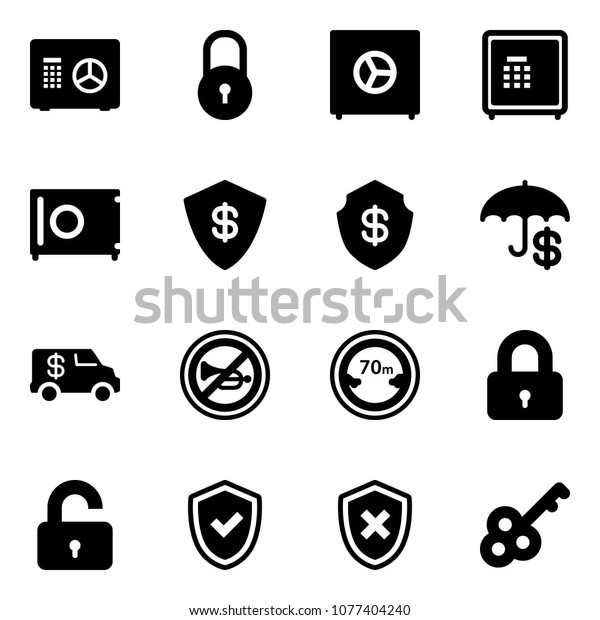 Solid vector icon set - safe vector, lock,
insurance, encashment car, no horn road sign, limited distance,
locked, unlocked, shield check, cross,
key