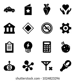 Solid vector icon set - safety car vector, star postcard, heart, care, bank, main road sign, end minimal speed limit, gear, clipboard, idea, calculator, moon flag, dollar growth, molecule, no signal