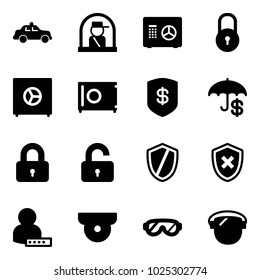 Solid vector icon set - safety car vector, officer window, safe, lock, insurance, locked, unlocked, shield, cross, user password, surveillance camera, protective glasses, protect glass