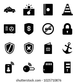 Solid vector icon set - safety car vector, terrorism, passport, road cone, safe, end overtake limit sign, locked, shield, cross, anchor, identity card, wireless key, micro flash, server