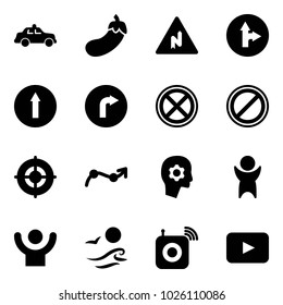 Solid vector icon set - safety car vector, eggplant, abrupt turn right road sign, only forward, no stop, parking, target, chart point arrow, brain work, success, waves, wireless speaker, playback
