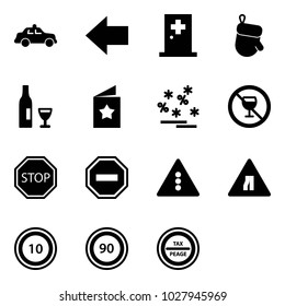 Solid vector icon set - safety car vector, left arrow, first aid room, christmas glove, wine, star postcard, sale, no alcohol sign, stop road, way, traffic light, narrows, speed limit 10, 90