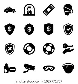 Solid vector icon set - safety car vector, officer window, medical patch, mask, safe, shield check, cross, lifebuoy, key hand, uv cream, surveillance camera, protective glasses, protect glass