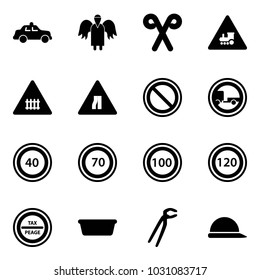 Solid vector icon set - safety car vector, angel, santa stick, railway intersection road sign, narrows, prohibition, no trailer, speed limit 40, 70, 100, 120, tax peage, basin, plumber