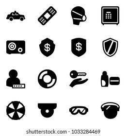 Solid vector icon set - safety car vector, medical patch, mask, safe, shield, user password, lifebuoy, key hand, uv cream, parasol, surveillance camera, protective glasses, protect glass