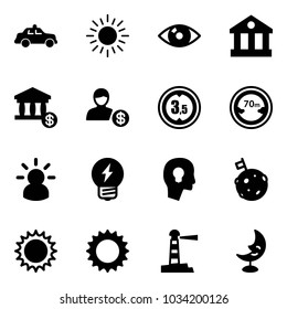 Solid vector icon set - safety car vector, sun, eye, bank, account, limited height road sign, distance, idea, head bulb, moon flag, lighthouse, lamp