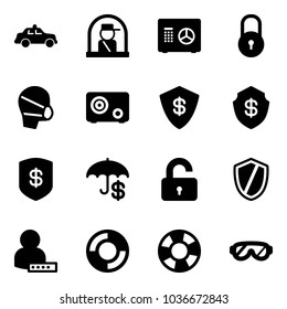 Solid vector icon set - safety car vector, officer window, safe, lock, medical mask, insurance, unlocked, shield, user password, lifebuoy, protective glasses