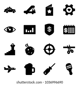 Solid vector icon set - safety car vector, trap truck, star postcard, heart gear, eye, statistics, safe, finance calendar, success, moon flag, target, opening, plane, beer, screwdriver, beanbag