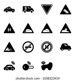 Solid vector icon set - safety car vector, encashment, giving way road sign, multi lane traffic, oncoming, climb, steep descent, roadside, gravel, end overtake limit, no parking even, wireless, key