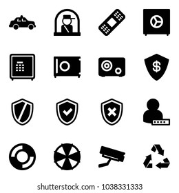 Solid vector icon set - safety car vector, officer window, medical patch, safe, shield, check, cross, user password, lifebuoy, parasol, surveillance camera, recycling