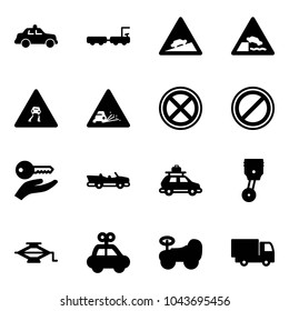 Solid vector icon set - safety car vector, baggage truck, climb road sign, embankment, slippery, gravel, no stop, parking, key hand, cabrio, piston, jack, toy, baby