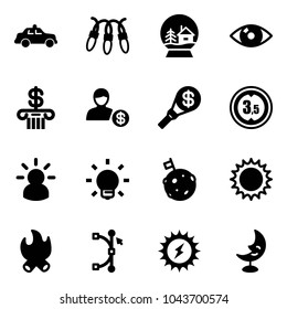 Solid vector icon set - safety car vector, garland, snowball house, eye, bank, account, money torch, limited height road sign, idea, bulb, moon flag, sun, fire, bezier, power, lamp