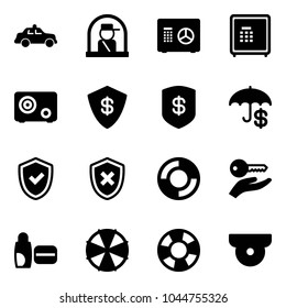 Solid vector icon set - safety car vector, officer window, safe, insurance, shield check, cross, lifebuoy, key hand, uv cream, parasol, surveillance camera