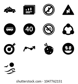Solid vector icon set - safety car vector, statistics report, no parkin odd, abrupt turn right road sign, bus, minimal speed limit, end, social, target, chart point arrow, moon flag, money smile