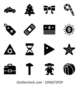 Solid vector icon set - safety car vector, christmas tree, bow, lollipop, medical label, patch, dollar, sun, round motion road sign, sand clock, play, starfish, case, hammer, doll, basketball