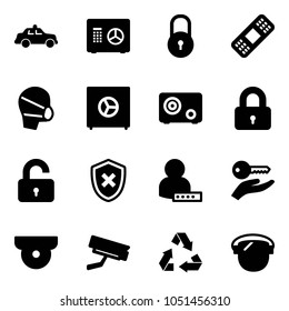 Solid vector icon set - safety car vector, safe, lock, medical patch, mask, locked, unlocked, shield cross, user password, key hand, surveillance camera, recycling, protect glass