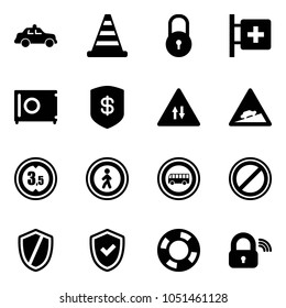 Solid vector icon set - safety car vector, road cone, lock, first aid room, safe, oncoming traffic sign, climb, limited height, no pedestrian, bus, parking, shield, check, lifebuoy, wireless