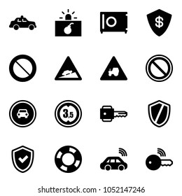 Solid vector icon set - safety car vector, terrorism, safe, prohibition road sign, climb, tractor way, no, limited height, key, shield, check, lifebuoy, wireless