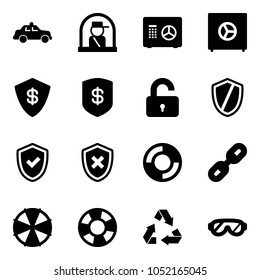 Solid vector icon set - safety car vector, officer window, safe, unlocked, shield, check, cross, lifebuoy, link, parasol, recycling, protective glasses