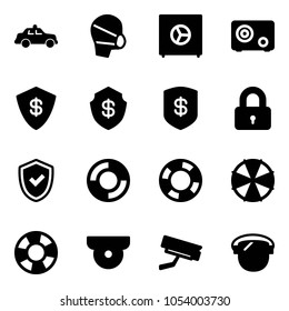 Solid vector icon set - safety car vector, medical mask, safe, locked, shield check, lifebuoy, parasol, surveillance camera, protect glass