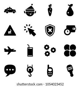 Solid vector icon set - safety car vector, christmas elf, carrot, pear, wild animals road sign, cursor, shield cross, wallet time, plane, drink, flower, atom core, chat, winch, phone toy, beanbag