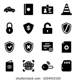 Solid vector icon set - safety car vector, passport, identity, road cone, lock, safe, unlocked, shield, check, cross, certificate, fingerprint scanner, wireless key, micro flash card