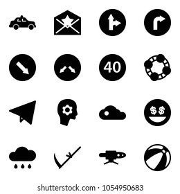 Solid vector icon set - safety car vector, star letter, only forward right road sign, detour, minimal speed limit, friends, paper fly, brain work, cloud, money smile, rain, scythe, pipe welding