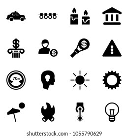 Solid vector icon set - safety car vector, garland, candle, bank, account, money torch, traffic light road sign, limited distance, head bulb, sun, beach, fire, laser