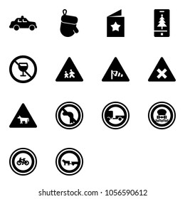 Solid vector icon set - safety car vector, christmas glove, star postcard, mobile, no alcohol sign, children road, side wind, railway intersection, cow, left turn, trailer, dangerous cargo, bike