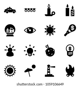 Solid vector icon set - safety car vector, garland, candle, snowball house, eye, sun, money torch, idea, bulb, moon flag, business, beach, lighthouse, fire