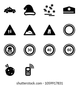 Solid vector icon set - safety car vector, christmas hat, sale, doctor, oncoming traffic road sign, steep descent, narrows, prohibition, no dangerous cargo, speed limit 30, 40, 60, moon flag