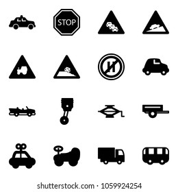 Solid vector icon set - safety car vector, stop road sign, multi lane traffic, climb, tractor way, steep roadside, no parking even, cabrio, piston, jack, trailer, toy, baby, truck, bus