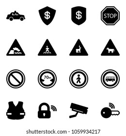 Solid vector icon set - safety car vector, safe, stop road sign, embankment, pedestrian, wild animals, cow, prohibition, limited distance, no, bus, life vest, wireless lock, surveillance camera, key
