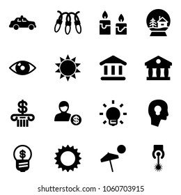Solid vector icon set - safety car vector, garland, candle, snowball house, eye, sun, bank, account, bulb, head, business idea, beach, laser