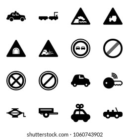 Solid vector icon set - safety car vector, baggage truck, embankment road sign, tractor way, tunnel, gravel, no overtake, limit, stop, parking, wireless key, jack, trailer, toy