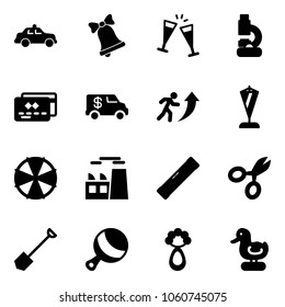 Solid vector icon set - safety car vector, bell, wine glasses, lab, credit card, encashment, career, pennant, parasol, plant, level, scissors, shovel, beanbag, toy duck
