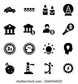 Solid vector icon set - safety car vector, garland, candle, snowball tree, bank, account, money torch, limited height road sign, distance, bulb, head, moon flag, lighthouse, bezier, sun power
