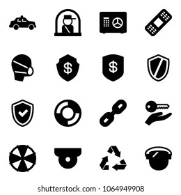 Solid vector icon set - safety car vector, officer window, safe, medical patch, mask, shield, check, lifebuoy, link, key hand, parasol, surveillance camera, recycling, protect glass