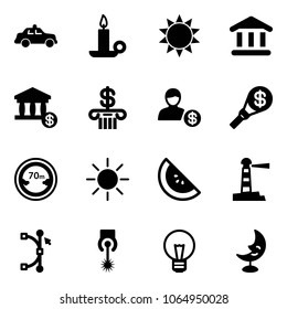 Solid vector icon set - safety car vector, candle, sun, bank, account, money torch, limited distance road sign, watermelone, lighthouse, bezier, laser, bulb, moon lamp