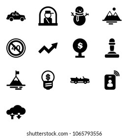 Solid vector icon set - safety car vector, officer window, snowman, mountains, end minimal speed limit road sign, growth arrow, money tree, pawn, mountain, business idea, cabrio, identity card