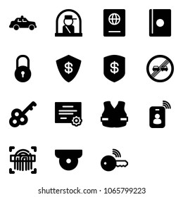 Solid vector icon set - safety car vector, officer window, passport, lock, safe, end overtake limit road sign, key, certificate, life vest, identity card, fingerprint scanner, surveillance camera