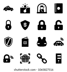 Solid vector icon set - safety car vector, terrorism, officer window, passport, lock, safe, locked, unlocked, shield, life vest, wireless, fingerprint scanner, link, server