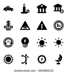 Solid vector icon set - safety car vector, candle, bank, account, drawbridge road sign, traffic light, limited height, distance, idea, bulb, sun, bezier, power, moon lamp
