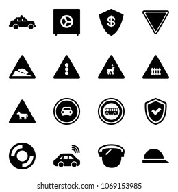 Solid vector icon set - safety car vector, safe, giving way road sign, steep descent, traffic light, wild animals, railway intersection, cow, no, bus, shield check, lifebuoy, wireless, protect glass