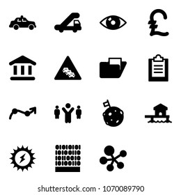 Solid vector icon set - safety car vector, trap truck, eye, pound, bank, multi lane traffic road sign, folder, clipboard, chart point arrow, team leader, moon flag, bungalow, sun power, binary code