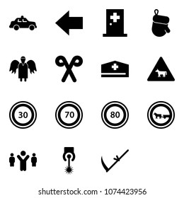 Solid vector icon set - safety car vector, left arrow, first aid room, christmas glove, angel, santa stick, doctor hat, cow road sign, speed limit 30, 70, 80, no cart horse, team leader, laser