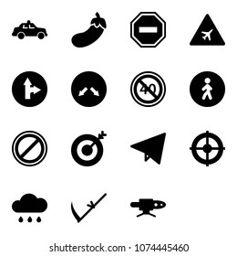 Solid vector icon set - safety car vector, eggplant, no way road sign, airport, only forward right, detour, end minimal speed limit, pedestrian, parking, target, paper fly, rain cloud, scythe